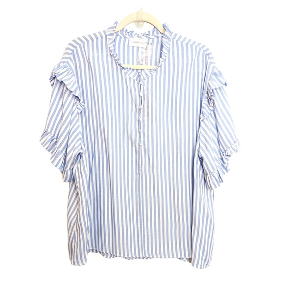 Mustard Seed Tops - Mustard Seed Womens Large Blouse Button Front Ruffle Striped Blue White